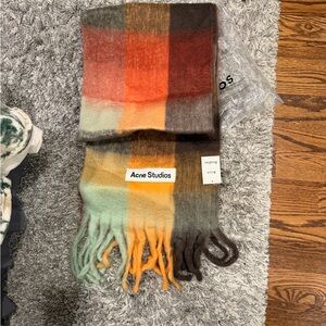 Acne Studios Colorblock Mohair Fringe Scarf in Green, Orange, Brown